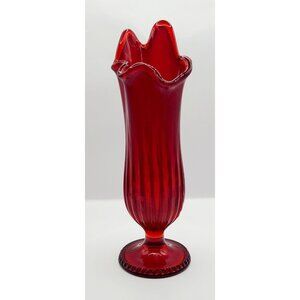 Vtg Old Virginia Glass Fenton MCM Red Swung Vase 8.5" Ribbed Footed Base